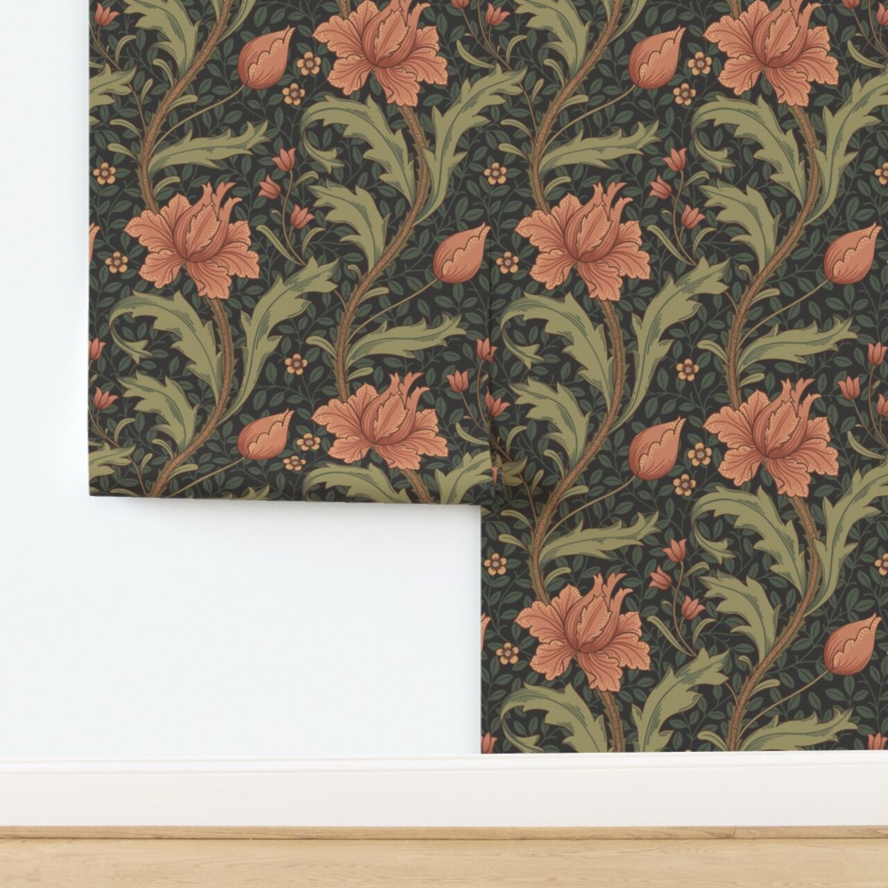 Green Pink Floral Vines Hand Drawn Moody Traditional Botanical Arts And Crafts Custom Pre-pasted Wallpaper by Spoonflower Pre-Pasted Wallpaper 2FT Wide